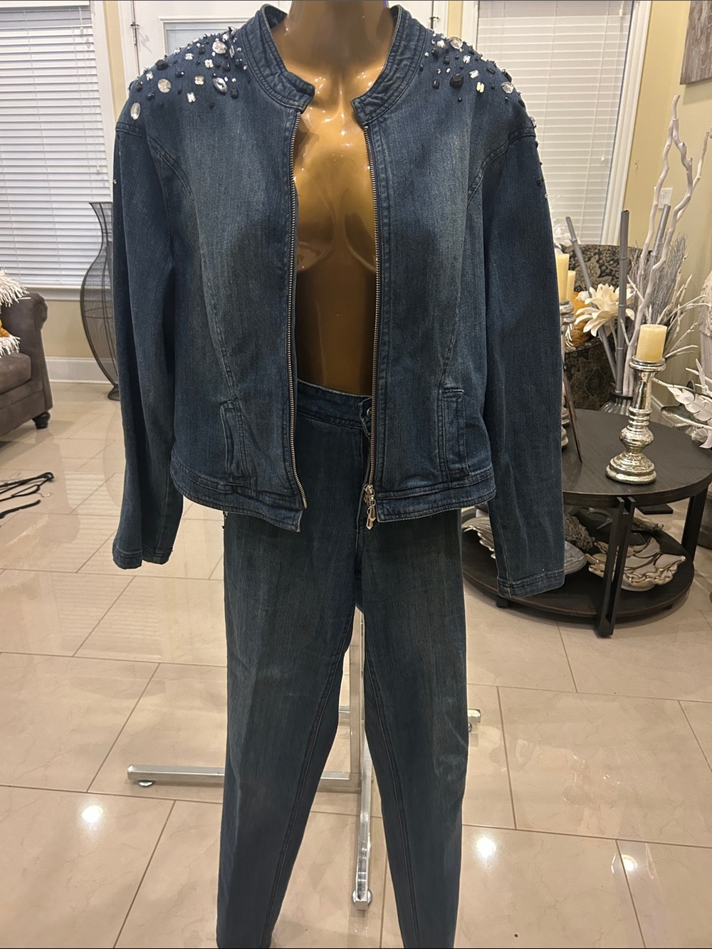 Ashley Stewart Dark Blue Denim Pantsuit with Shoulder Embellishments